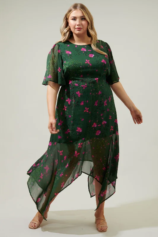 Juniper Floral Aerin Asymmetrical Flutter Midi Dress Curve