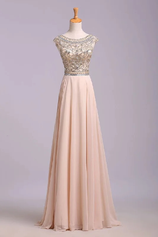 A Line Floor Length Scoop Chiffon Prom Dress, Beading Long Evening Dresses M1508